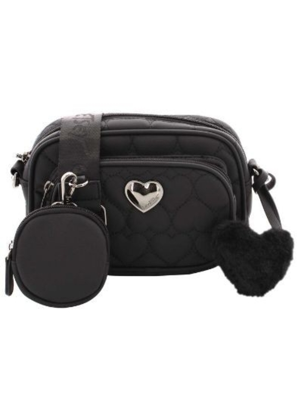 Betsey Johnson Black Quilted Heart Crossbody with Coin Pouch & Plush Charm